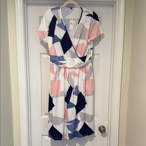 Geometric Pattern Midi Dress in Pink, Navy, and White